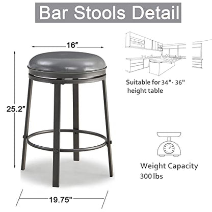 OUllUO Swivel Bar Stools Set of 2, 25 Inch Backless Counter Bar Height Stools, PU Leather Round Kitchen Counter Stools, Industrial Kitchen Island Stools with Metal Base, 520P-SGPU, Grey, 2Pcs