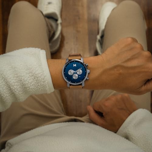 MVMT Chrono Men's Manta Blue Stainless Steel Case Watch with Brown Leather Strap, 45MM (Model: 28000288)