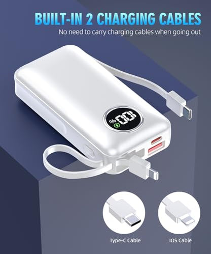 LOVELEDI Power Bank, Portable Charger, 15000mAh PD 30W Fast Charging, Built in Type-C and iOS Output Cables Equipped with LED Display for iPhone Series and Most Electronic Devices(White)