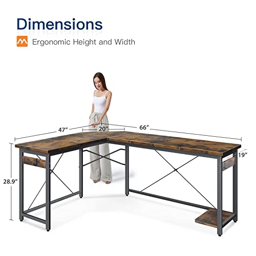 Coleshome 66" L Shaped Gaming Desk, Corner Computer Desk, Sturdy Home Office Computer Table, Writing Desk, Larger Gaming Desk Workstation, Vintage