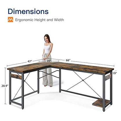 Coleshome 66" L Shaped Gaming Desk, Corner Computer Desk, Sturdy Home Office Computer Table, Writing Desk, Larger Gaming Desk Workstation, Vintage