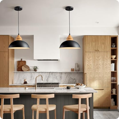 Karjearl Black Industrial Pendant Light, Farmhouse Wood Hanging Light Fixture with Wood Pattern Shade, Modern Dome Pendant Light for Kitchen Island Dining Room Hallway Bedroom
