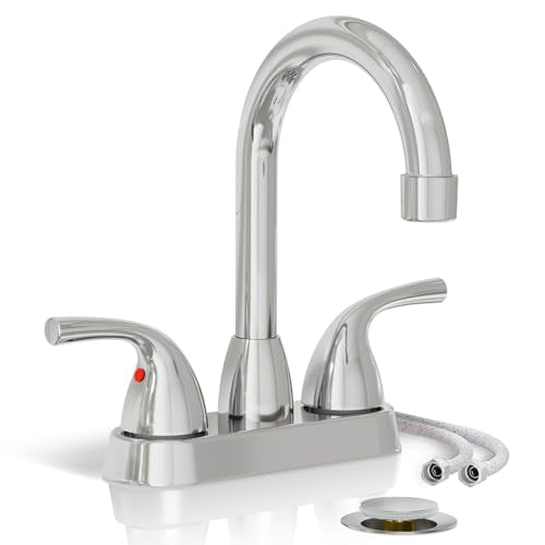 Phiestina Chrome 2 or 3 Hole Bathroom Sink Faucet 4 Inch Centerset, Two Handles Copper Faucet, with Metal Pop-up Drain Assembly with Overflow, CUPC Water Supply Line, BF02011-B11-C