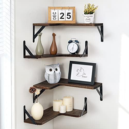 Marsmiles Corner Floating Shelves, Corner Wall Shelves Set of 4, Wall Mounted Corner Storage Display Shelving for Bathroom, Bedroom, Living Room, Kitchen, 16" W x 11-2/5" D, L-Shaped, Rustic Brown