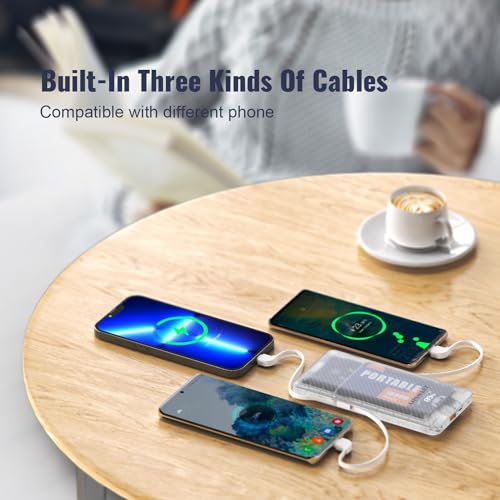 LIPSWEET Portable Power Bank, Slim10000mAh Portable Charger, 20W USB C External Battery Pack with Built-in AC Wall Plug, Three Cables Compatible with iPhone Tablet Smartphone and More (Transparent)