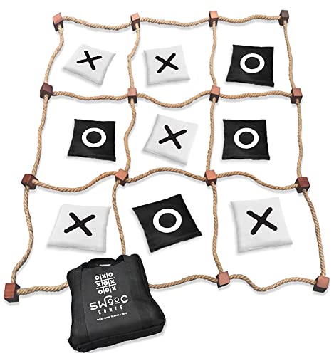 SWOOC Games - Giant Tic Tac Toe Game Outdoor Game | 3ft x 3ft | Instant Setup, No Assembly | Tic Tac Toe Bean Bag Toss with Rope Game Board | Large Tic Tac Toss Across Yard Game for Kids & Family