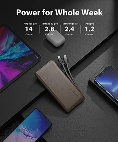 10000mAh Built in Cables Power Bank, 10000 Built in TYPE C Cords External Portable Battery Charger for Cell Phone,Type C (Input & Output) Battery Pack Compatible with iPhone and Samsung, Deep Brown