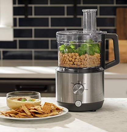 GE Food Processor |12 Cup | Complete with 3 Feeding Tubes & Stainless Steel Accessories-3 Discs + Dough Blade | 3 Speed | for Shredded Cheese, Chicken & More | Kitchen Essentials | 550 Watts