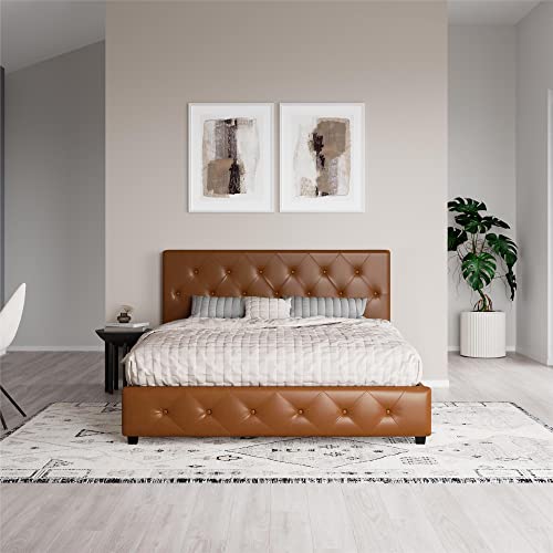 DHP Dakota Upholstered Platform Bed with Diamond Button Tufted Headboard and Footboard, No Box Spring Needed, Queen, Camel Faux Leather