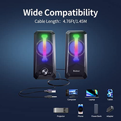 Bobtot Computer Speakers HiFi Stereo Sound - 2.0 Channel RGB Desktop Speakers PC Speaker with Bluetooth Volume Control USB Powered 3.5mm AUX-in Audio System