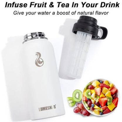 Lumesner Vacuum Insulated Stainless Steel Water Bottle,1200ml/950ml/650ml- 2 Lids (Straw Lid and Spout Lid), 2 Straws Water Bottle (32 oz, Winter White)