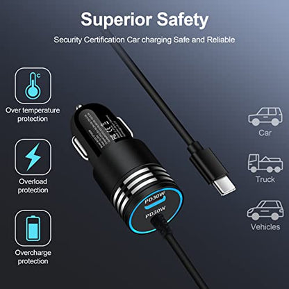 Android 60W USB Type C Car Charger Adapter Plug Fast Charging for Samsung Galaxy S23 Ultra/S23+/A14 5G/A54/A34/S22 Ultra/A13/A53/A23/A03S/A12, Type C Car Cigarette Lighter USB Charger USB C Cable 3FT