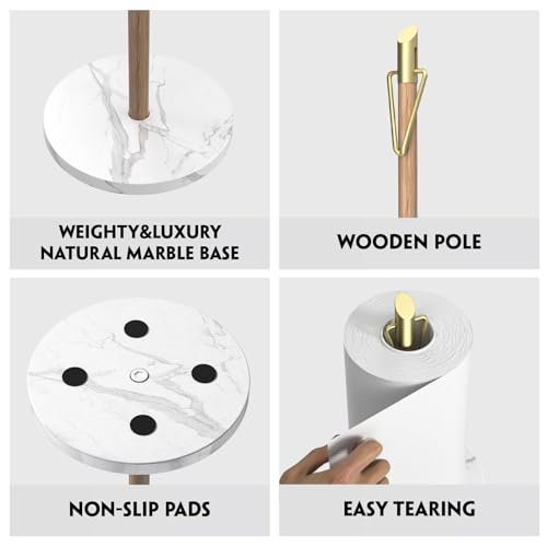ASTOFLI Marble Paper Towel Holder Stand, Gold Paper Towel Holder Countertop, Wood Paper Towel Stand for Kitchen, Weighted Paper Towel Holder Counter, Free Standing Paper Towel Holder for Large Rolls