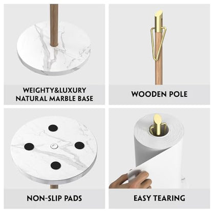 ASTOFLI Marble Paper Towel Holder Stand, Gold Paper Towel Holder Countertop, Wood Paper Towel Stand for Kitchen, Weighted Paper Towel Holder Counter, Free Standing Paper Towel Holder for Large Rolls