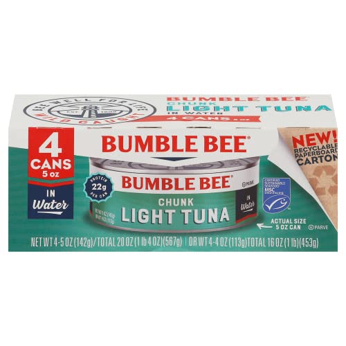 Bumble Bee Chunk Light Tuna In Water, 5 Oz Cans (Pack Of 4) - Wild Caught Tuna - 22g Protein Per Serving - Non-GMO Project Verified, Gluten Free, Kosher - Great For Tuna Salad & Recipes