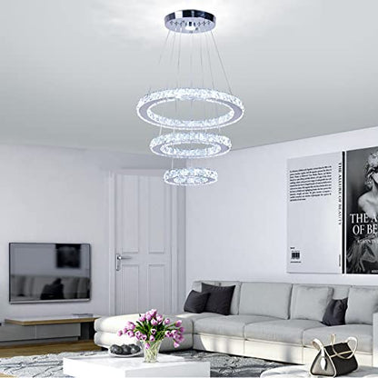 Modern LED Crystal Chandeliers 3 Ring Round Pendant Lighting Fixtures DIY Stainless Steel Ceiling Lamp Hanging Lights for Living Room Dining Room Bedroom Kitchen (Changeable Light)