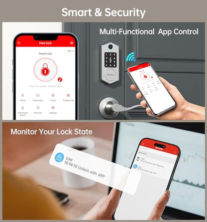 HEANTLE Smart Front Door Lock Set, 8-in-1 Fingerprint Keyless Entry Door Lock with App Control, Electronic Touchscreen Keypad Deadbolt with 2 Lever Handles, Auto Lock,Easy Installation, Silver