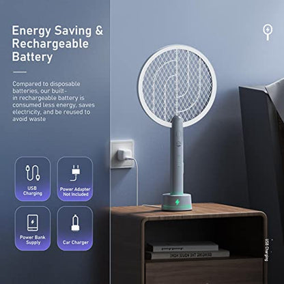 Electric Fly Swatter Racket, Mosiller 4000V 2 in 1 Bug Zapper with USB Rechargeable Base, Powerful Mosquitoes Trap Lamp & Fly Killer with 3-Layer Safety Mesh for Home, Bedroom, Kitchen, Patio（1 Pack）