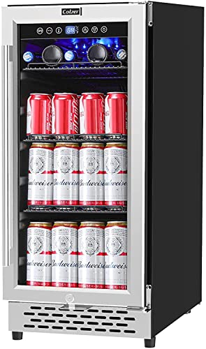 COLZER 15 inch Beverage Refrigerator with Glass Door 126 Cans Mini Beverage Cooler Under Counter Freestanding Built in Centre Garage Fridge with Lock for Drink Beer Soda Wine Water