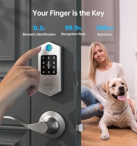 HEANTLE Smart Front Door Lock Set, 8-in-1 Fingerprint Keyless Entry Door Lock with App Control, Electronic Touchscreen Keypad Deadbolt with 2 Lever Handles, Auto Lock,Easy Installation, Silver