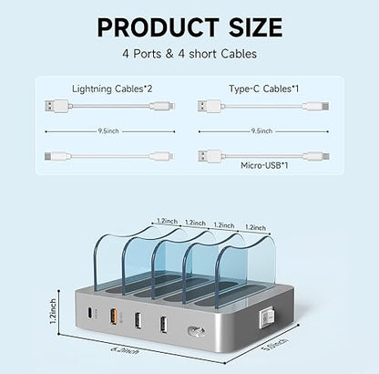 Charging Station for Multiple Devices,PD 20W Fast Charging for lPhone 14/13/12,Multi Charger Station with 4 Charging Cables, Compatible with Cellphone iPad Tablet and Others