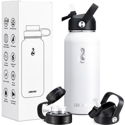 Lumesner Vacuum Insulated Stainless Steel Water Bottle,1200ml/950ml/650ml- 2 Lids (Straw Lid and Spout Lid), 2 Straws Water Bottle (32 oz, Winter White)