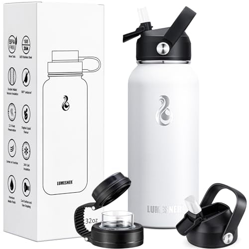 Lumesner Vacuum Insulated Stainless Steel Water Bottle,1200ml/950ml/650ml- 2 Lids (Straw Lid and Spout Lid), 2 Straws Water Bottle (32 oz, Winter White)