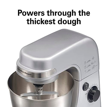 Hamilton Beach Electric Stand Mixer, 4 Quarts, Dough Hook, Flat Beater Attachments, Splash Guard 7 Speeds with Whisk, Silver