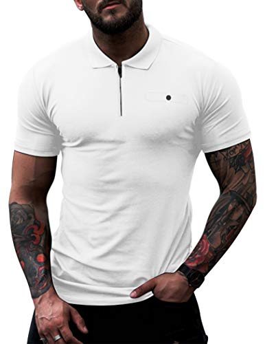 Mens Classic Short Sleeve Polo Shirt Zip Up Casual Summer Slim Fit Polo Shirt White