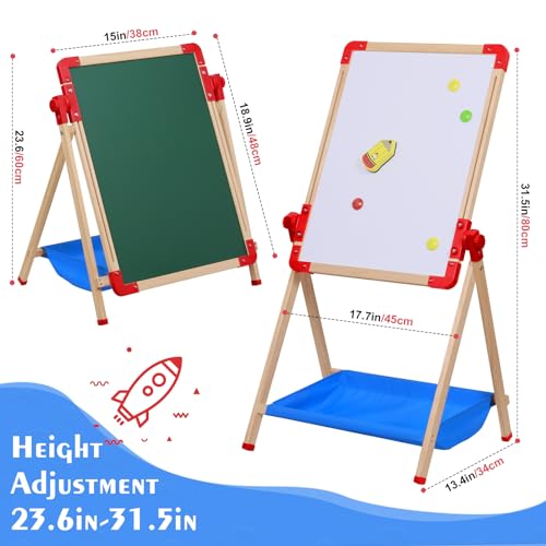 JHTOPJH Art Easel for Kids Magnetic Wooden Double Sided Standing Toddlers Chalkboard - 360°Rotating Easel for Toddler Drawing Christmas Birthday Gift for 2-4 Years 15"x18.9"