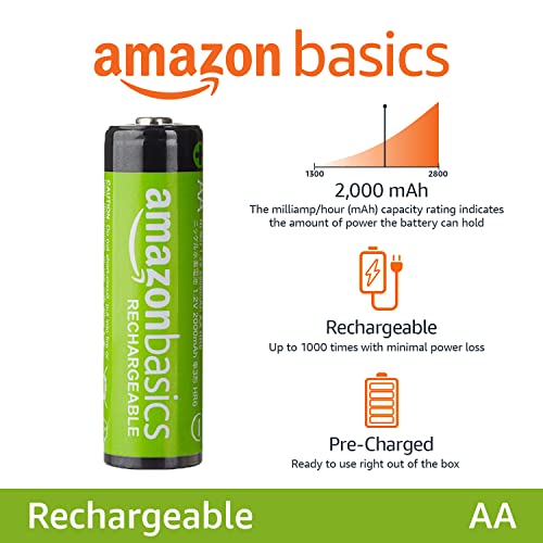 Amazon Basics 24-Pack Rechargeable AA NiMH Batteries, 2000 mAh, Recharge up to 1000x Times, Pre-Charged
