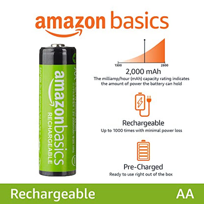 Amazon Basics 24-Pack Rechargeable AA NiMH Batteries, 2000 mAh, Recharge up to 1000x Times, Pre-Charged