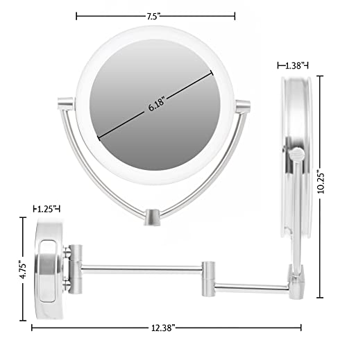 Ovente 7.5" Lighted Wall Mount Makeup Mirror, 1X & 10X Magnifier, Spinning Double Sided Round LED w/ Dimmer Switch, Extend, Retractable & Folding Arm, Battery USB Powered Nickel Brushed MLW75BR1X10X