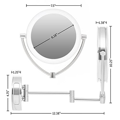 Ovente 7.5" Lighted Wall Mount Makeup Mirror, 1X & 10X Magnifier, Spinning Double Sided Round LED w/ Dimmer Switch, Extend, Retractable & Folding Arm, Battery USB Powered Nickel Brushed MLW75BR1X10X