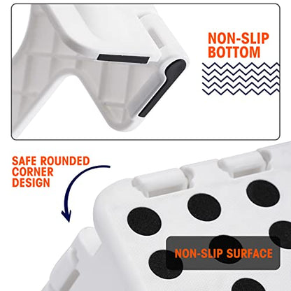 Korpai 9" Folding Step Stool for Adults and Kids Holds Up to 300 lbs,Non-Slip Folding Stools with Portable Handle, Compact Plastic Foldable Step Stool for Bathroom,Bedroom, Kitchen,White,2PC