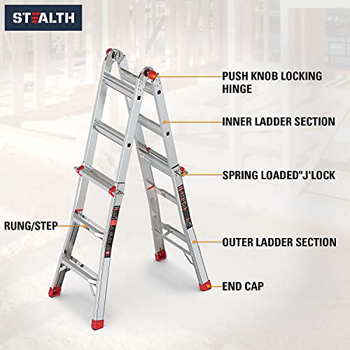 STEALTH Folding Ladder, 13 ft Aluminum Extension Ladder, 300 lbs Load Capacity, Portable Telescoping Ladder with Non-Slip Rubber, Multi-Position Step Ladders, for Working Indoor/Outdoor EM4X3L1