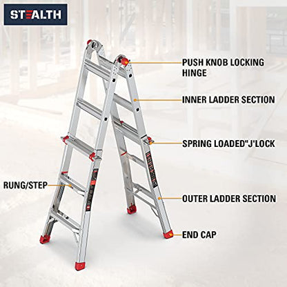 STEALTH Folding Ladder, 13 ft Aluminum Extension Ladder, 300 lbs Load Capacity, Portable Telescoping Ladder with Non-Slip Rubber, Multi-Position Step Ladders, for Working Indoor/Outdoor EM4X3L1