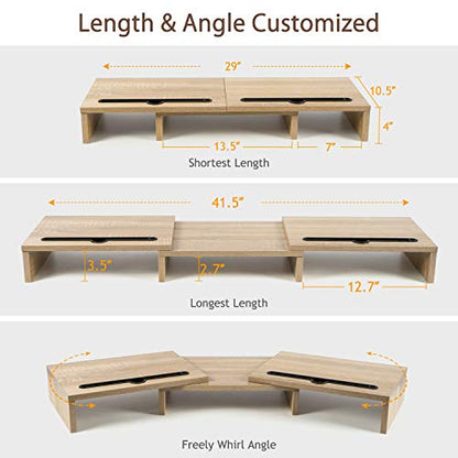 LORYERGO Dual Monitor Stand for Desk, Monitor Stand with 2 Slots for Phone and Tablet, Dual Monitor Riser with Length and Angle Adjustable, Computer Stand for Monitor, Laptop, Tablet (Light Wood)