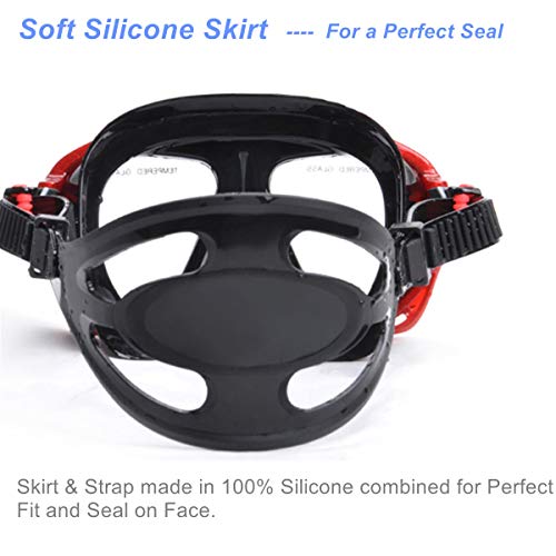 Snorkel Diving Mask Panoramic HD Swim Mask, Anti-Fog Scuba Diving Goggles,Tempered Glass Dive Mask Adult Youth Swim Goggles with Nose Cover for Diving, Snorkeling, Swimming (A-Black Red)