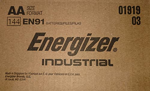 Energizer EN91 Industrial Alkaline Batteries, AA (Box of 144 Batteries) - Made in The USA or Singapore