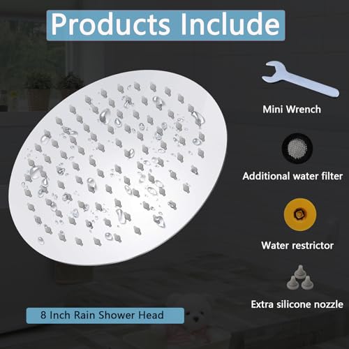 Rain Shower Head, Ultra-Thin Design, High Pressure Large Flow Stainless Steel Rainfall Shower Head, Waterfall Showerhead Universal Wall Ceiling Mount (8", Chrome)