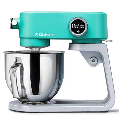 All Metal Stand Mixer,Kitchenin 5.3-Quart 8-Speeds Tilt-Head Food Mixer,400 Watt DC Motor Electric Stand Mixer with 12-Wire Whip,Flat Beater,Stainless Steel Dough Hook & Pouring Shield,Light Blue