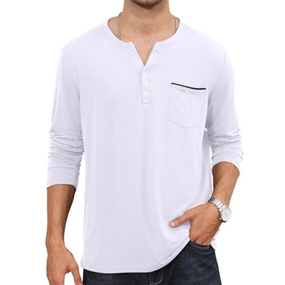 Lexiart Mens Long Sleeve Henley Shirts Slim Fit Basic Pullover T-Shirts with Pocket Button Placket Plain V Neck Shirts White