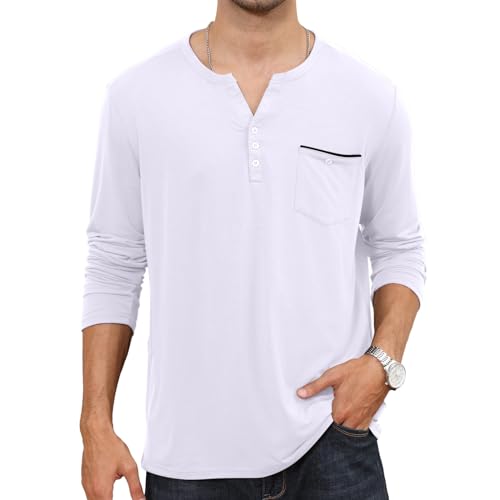 Lexiart Mens Long Sleeve Henley Shirts Slim Fit Basic Pullover T-Shirts with Pocket Button Placket Plain V Neck Shirts White