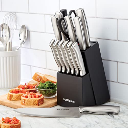 Farberware 5152497 15-Piece High-Carbon Stamped Stainless Steel Kitchen Knife Set with Wood Block, Steak Knives, Razor-Sharp, Black