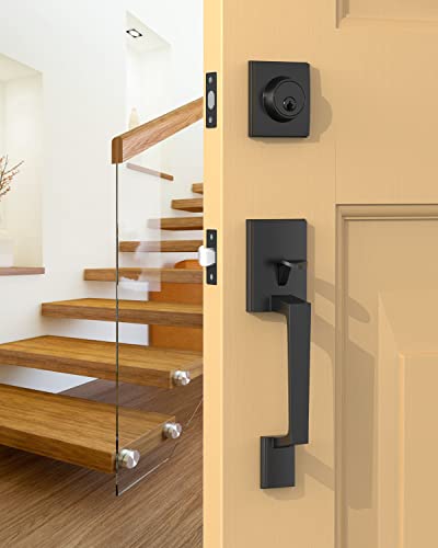UYF Front Door Handle Set, Exteriort Door Lock Set with Single Cylinder Deadbolt and Lever, Reversible Entry Handleset for Right and Left Handed,Matte Black