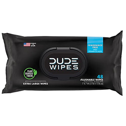 Add 4 To Your Cart! DUDE Wipes - Flushable Wipes Stocking Stuffers - 1 Pack, 48 Wipes - Unscented Extra-Large Adult Wet Wipes - Vitamin-E & Aloe for at-Home Use - Septic and Sewer Safe
