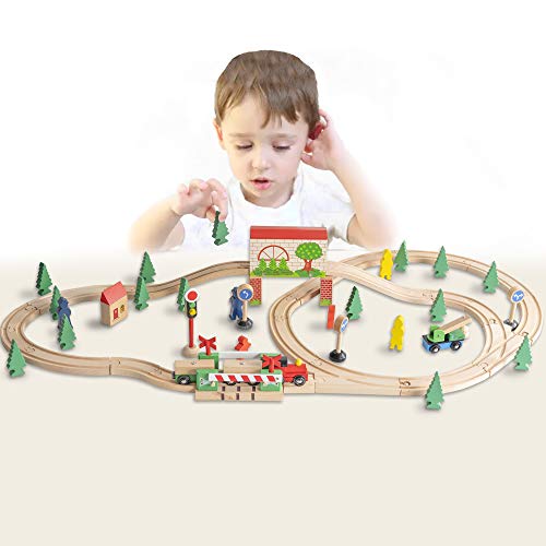 FUNPENY 60 Pcs Colorful Wooden Train and Track Sets,Train Railway Sets Toys for 3+ Years Kids,Boys,Girls Deluxe Holiday Gifts