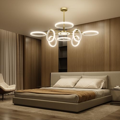 OUQI Dimmable Ceiling Light Fixture,Led Flush Mount Ceiling Light, Morden Gold Round Chandelier,7000K Ceiling Lights With Remote,Adjustable highness Chandelier For Dinning Room, Living Room,Bedroom