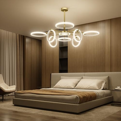OUQI Dimmable Ceiling Light Fixture,Led Flush Mount Ceiling Light, Morden Gold Round Chandelier,7000K Ceiling Lights With Remote,Adjustable highness Chandelier For Dinning Room, Living Room,Bedroom
